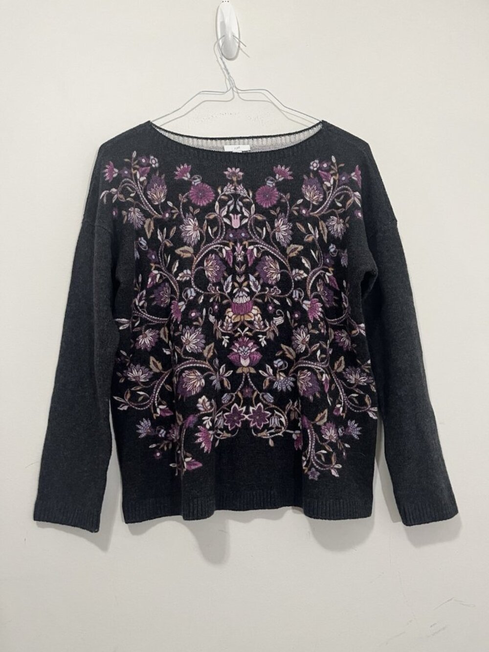 J. Jill Women's Enchanted Florals Sweater Grey Pink Pullover Sz Mp Cottagecore